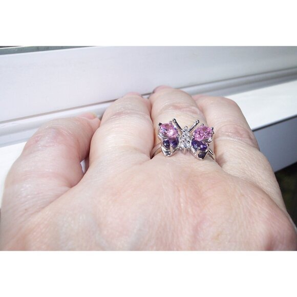 925 STERLING SILVER Simulated Amethyst & Pink Sapphire CZ Butterfly Ring - Picture 4 of 16